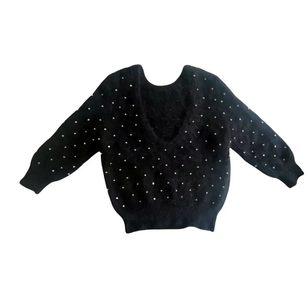 BA&SH Amby Sweater Rhinestones Angora Jumper Black Noir Pull US 4 Small NWT - Picture 6 of 11